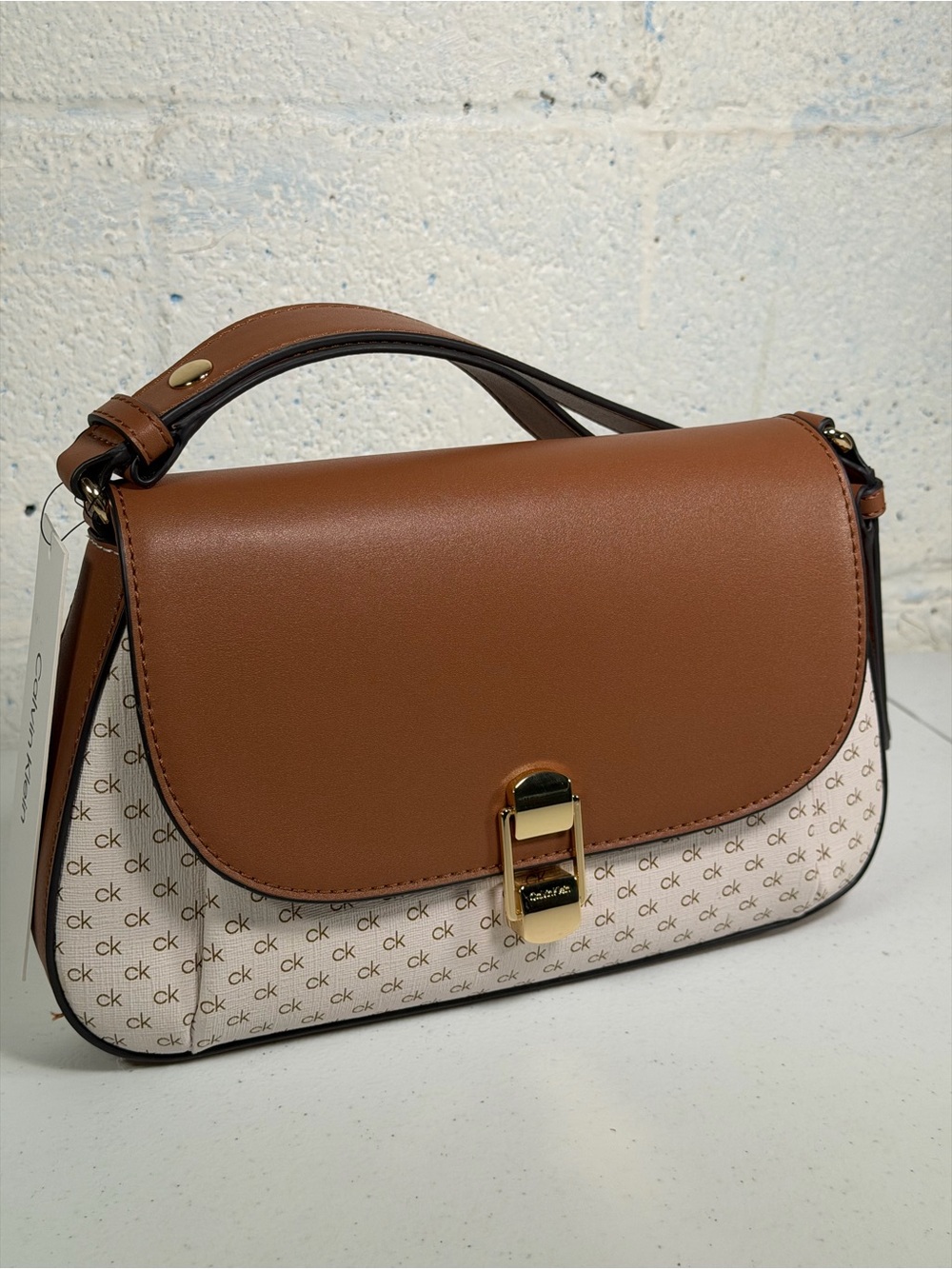Calvin Klein Women’s Vanilla Brown Monogram Shoulder Bag Gold Hardware